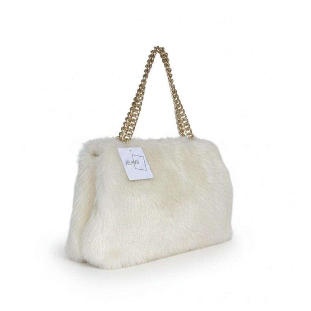 Jelavu Pillow Talk Ivory Faux Fur Bag with Gold Chain Handle 13"Wx9"Hx2"D NWT
